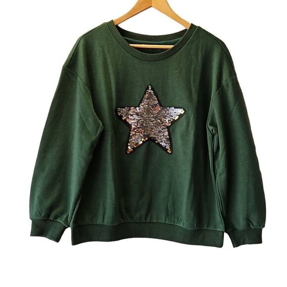Allegra K Amazon Star Sequin Sweatshirt Green Medium - Picture 1 of 6